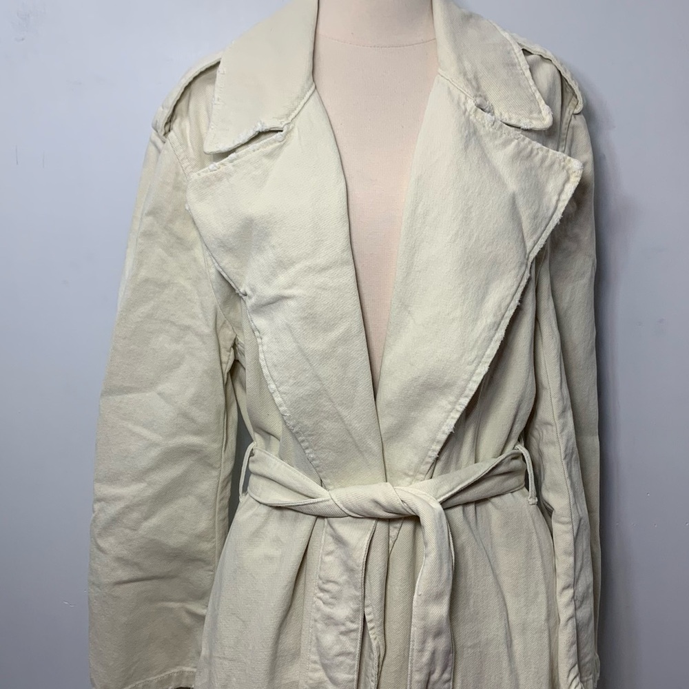 ZARA Cotton Long Trench Coat Belted Cream White size L 8197 734 - Picture 4 of 15